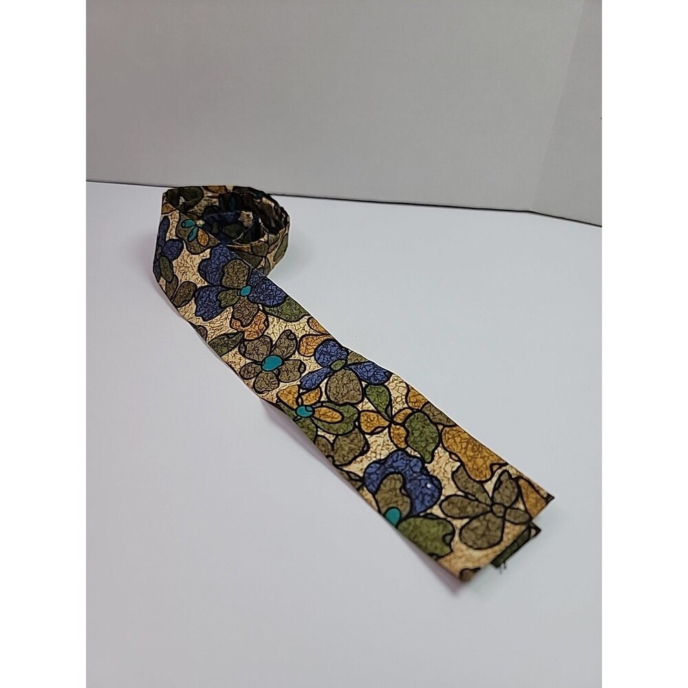 Hawaii Ernst Batik Floral Necktie Skinny Tie Blue Green Gold Abstract Flower - Picture 8 of 10